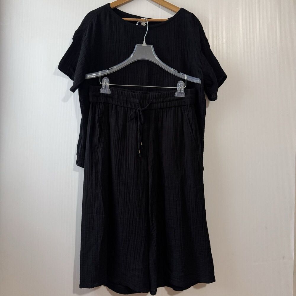 Eileen Fisher Black 100% Organic Cotton Gauze Wide-Leg Crop (Pant S) (TopXS) Set